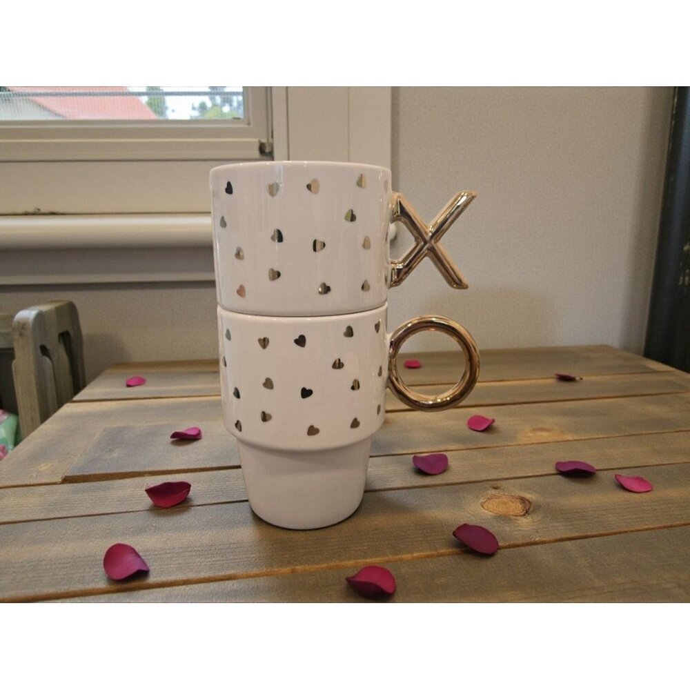 New White Gold Heart Valentines Day XO 2 Stacking Coffee Tea Mug Cup W/ Handle